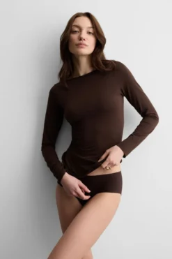 Bluzki Z Długim Rękawem|Bawełna Ultralight>Intimissimi Bluzka z Dekoltem w Łódkę z Bawełny Ultralight Cotton brązowy - 705j - brąz mokka