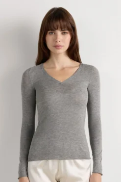 Bluzki Z Długim Rękawem|Ultralight Z Kaszmirem>Intimissimi Bluzka z Dekoltem w Szpic z Ultralekkiego Modalu z Kaszmirem szary - 456j - medium grey mel