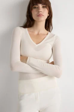 Bluzki Z Długim Rękawem|Ultralight Z Kaszmirem>Intimissimi Bluzka z Dekoltem w Szpic z Ultralekkiego Modalu z Kaszmirem kremowy - 231i - vaniglia