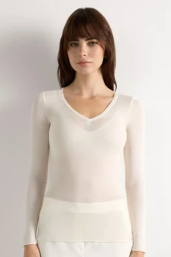 Bluzki Z Długim Rękawem|Ultralight Z Kaszmirem>Intimissimi Bluzka z Dekoltem w Szpic z Ultralekkiego Modalu z Kaszmirem kremowy - 231i - vaniglia