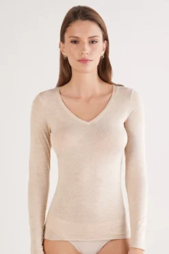 Bluzki Z Długim Rękawem|Ultralight Z Kaszmirem>Intimissimi Bluzka z Dekoltem w Szpic z Ultralekkiego Modalu z Kaszmirem beige - 036k - beige melange