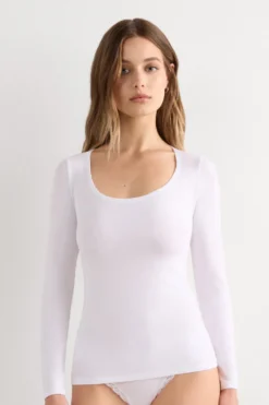 Bluzki Z Długim Rękawem|Modal>Intimissimi Bluzka z Długim Rękawem i Głębokim Okrągłym Dekoltem z Mikromodalu biały - 7478 - bianco latte