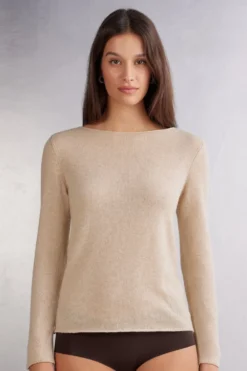 Bluzki Z Długim Rękawem|Odzież Domowa>Intimissimi Bluzka z Długim Rękawem 100% Kaszmir beige - 712j - beż melanż