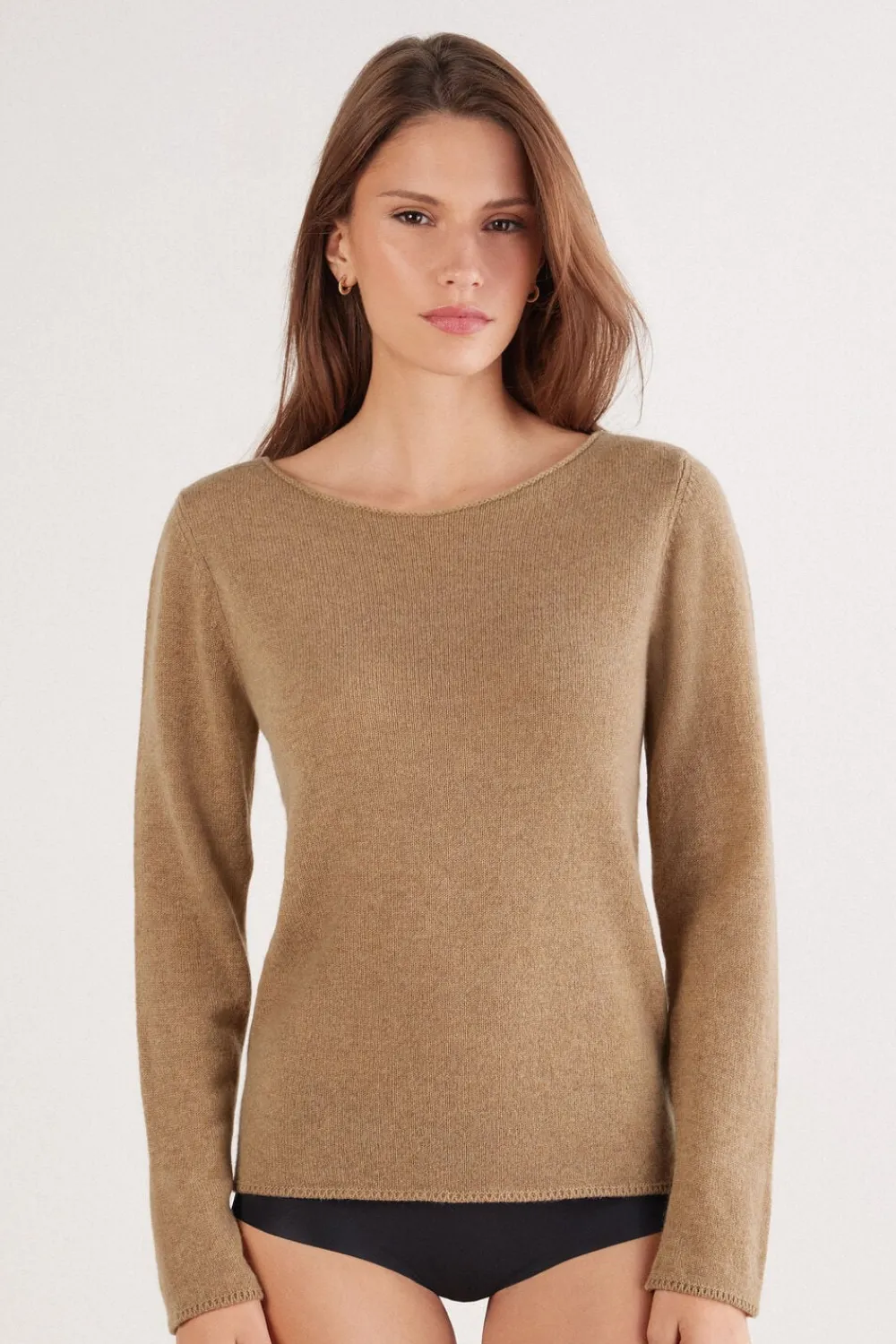 Bluzki Z Długim Rękawem|Odzież Domowa>Intimissimi Bluzka z Długim Rękawem 100% Kaszmir naturalny - 982j - camel melange