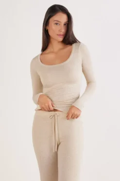 Bluzki Z Długim Rękawem|Odzież Domowa>Intimissimi Bluzka z Długim Rękawem z Modalu Ultralight z Dodatkiem Kaszmiru i Głębokim Okrągłym Dekoltem beige - 036k - beige melange