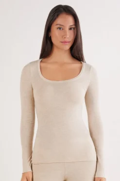 Bluzki Z Długim Rękawem|Odzież Domowa>Intimissimi Bluzka z Długim Rękawem z Modalu Ultralight z Dodatkiem Kaszmiru i Głębokim Okrągłym Dekoltem beige - 036k - beige melange
