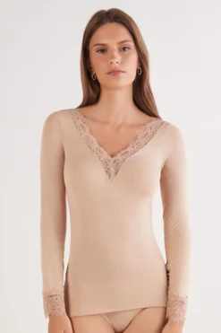 Bluzki Z Długim Rękawem|Ultralight Z Kaszmirem>Intimissimi Bluzka z długim rękawem z modalu i kaszmiru z koronką naturalny - 044 - honey