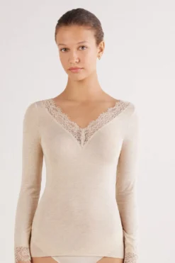 Bluzki Z Długim Rękawem|Ultralight Z Kaszmirem>Intimissimi Bluzka z długim rękawem z modalu i kaszmiru z koronką beige - 036k - beige melange