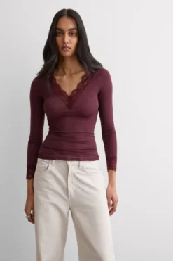 Bluzki Z Długim Rękawem|Ultralight Z Kaszmirem>Intimissimi Bluzka z długim rękawem z modalu i kaszmiru z koronką - 028k - dark burgundy
