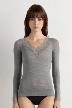 Bluzki Z Długim Rękawem|Ultralight Z Kaszmirem>Intimissimi Bluzka z długim rękawem z modalu i kaszmiru z koronką szary - 456j - medium grey mel