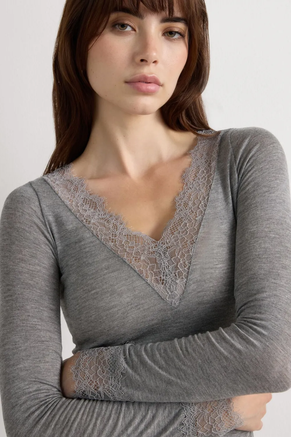 Bluzki Z Długim Rękawem|Ultralight Z Kaszmirem>Intimissimi Bluzka z długim rękawem z modalu i kaszmiru z koronką szary - 456j - medium grey mel