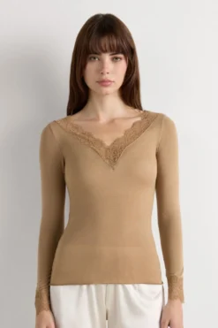 Bluzki Z Długim Rękawem|Ultralight Z Kaszmirem>Intimissimi Bluzka z długim rękawem z modalu i kaszmiru z koronką brązowy - 233i - toffee