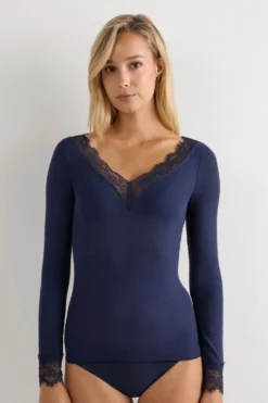 Bluzki Z Długim Rękawem|Ultralight Z Kaszmirem>Intimissimi Bluzka z długim rękawem z modalu i kaszmiru z koronką niebieski - 1467 - intensywny niebieski