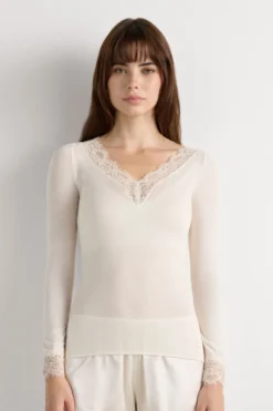 Bluzki Z Długim Rękawem|Ultralight Z Kaszmirem>Intimissimi Bluzka z długim rękawem z modalu i kaszmiru z koronką kremowy - 231i - vaniglia