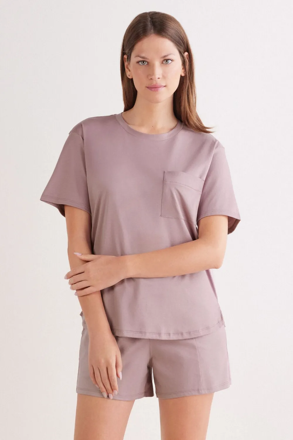Piżamy Krótkie>Intimissimi Bluzka z Krótkim Rękawem z Bawełny Elevated Cotton fioletowy - 947j - shadow mauve