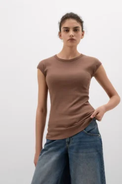 T-shirty|Bawełna>Intimissimi Bluzka z Krótkim Rękawem z Bawełny Superior w Prążki naturalny - 502i - caramel