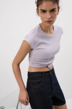 T-shirty|Bawełna>Intimissimi Bluzka z Krótkim Rękawem z Bawełny Superior w Prążki fioletowy - 056k - quartz lilac