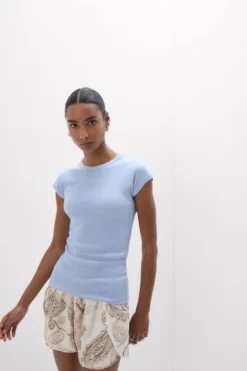T-shirty|Bawełna>Intimissimi Bluzka z Krótkim Rękawem z Bawełny Superior w Prążki jasnoniebieski - 064k - breeze blue