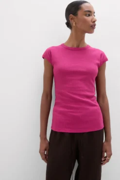 T-shirty|Bawełna>Intimissimi Bluzka z Krótkim Rękawem z Bawełny Superior w Prążki różowy - 110k - cherry pink