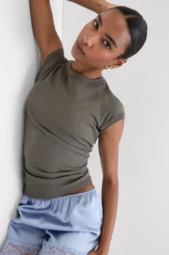 T-shirty|Bawełna>Intimissimi Bluzka z Krótkim Rękawem z Bawełny Superior w Prążki zielony - 660j - safari green