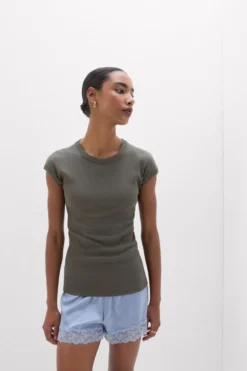T-shirty|Bawełna>Intimissimi Bluzka z Krótkim Rękawem z Bawełny Superior w Prążki zielony - 660j - safari green