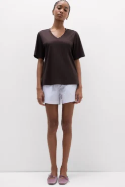 T-shirty|Bawełna>Intimissimi Bluzka z Krótkim Rękawem z Dekoltem w Serek z bawełny Elevated Cotton brązowy - 705j - brąz mokka
