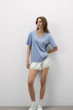 T-shirty|Bawełna>Intimissimi Bluzka z Krótkim Rękawem z Dekoltem w Serek z bawełny Elevated Cotton jasnoniebieski - 064k - breeze blue