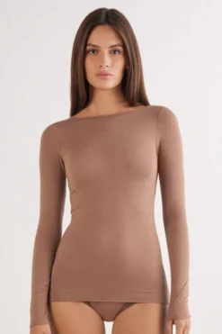 Bluzki Z Długim Rękawem|Ultralight Z Kaszmirem>Intimissimi Bluzka z Modalu z Dekoltem w Łódkę naturalny - 502i - caramel