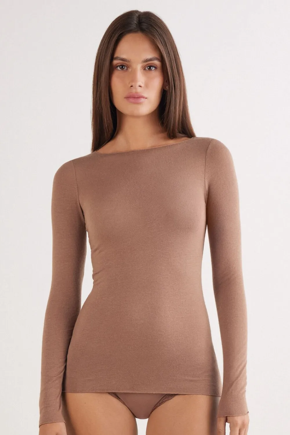 Bluzki Z Długim Rękawem|Ultralight Z Kaszmirem>Intimissimi Bluzka z Modalu z Dekoltem w Łódkę naturalny - 502i - caramel