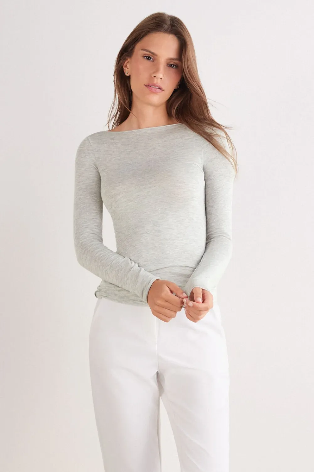 Bluzki Z Długim Rękawem|Ultralight Z Kaszmirem>Intimissimi Bluzka z Modalu z Dekoltem w Łódkę szary - 035k - grigio melange chiaro