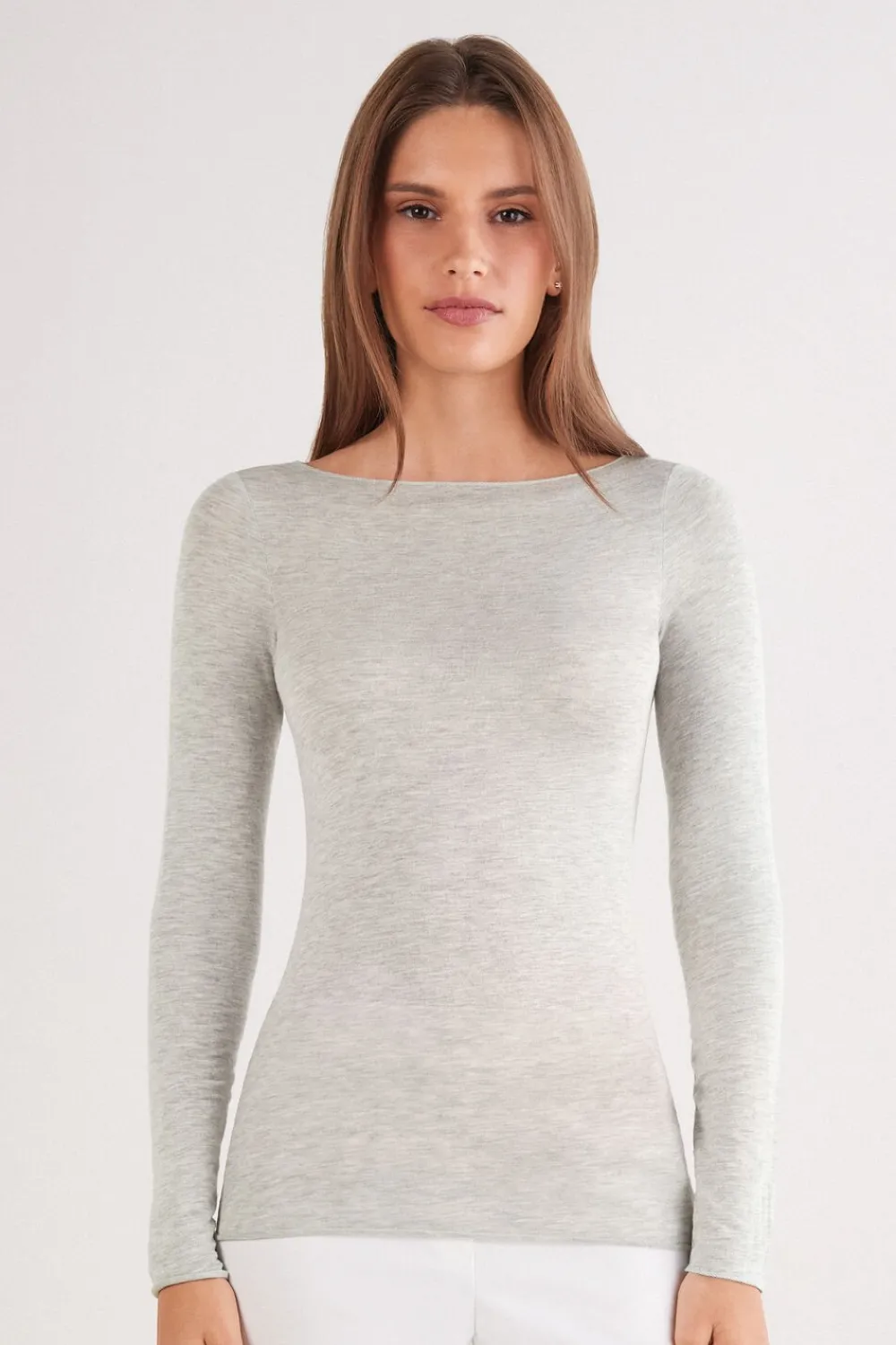 Bluzki Z Długim Rękawem|Ultralight Z Kaszmirem>Intimissimi Bluzka z Modalu z Dekoltem w Łódkę szary - 035k - grigio melange chiaro