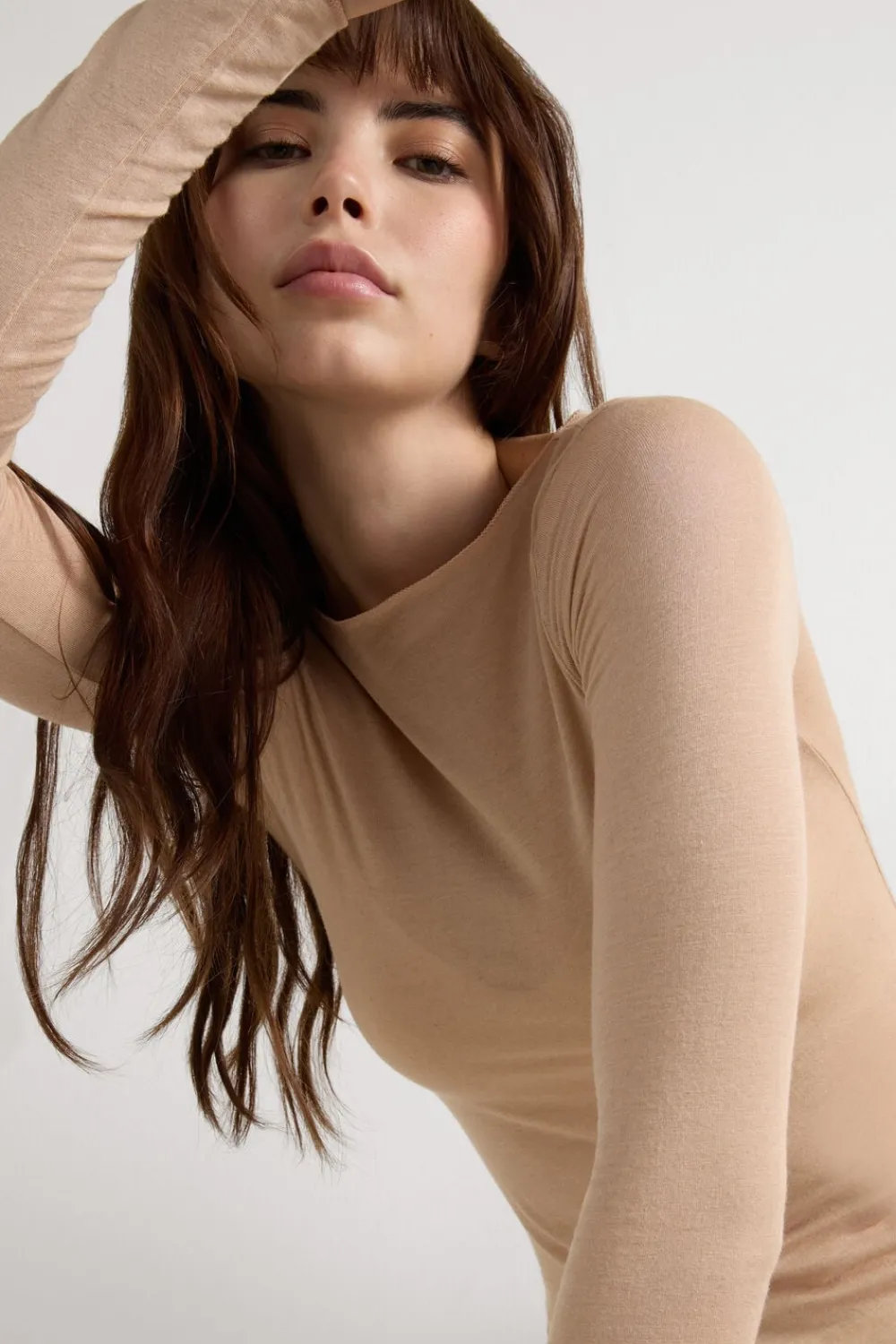 Bluzki Z Długim Rękawem|Ultralight Z Kaszmirem>Intimissimi Bluzka z Modalu z Dekoltem w Łódkę naturalny - 044 - honey