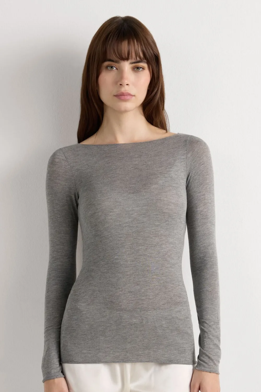 Bluzki Z Długim Rękawem|Ultralight Z Kaszmirem>Intimissimi Bluzka z Modalu z Dekoltem w Łódkę szary - 456j - medium grey mel