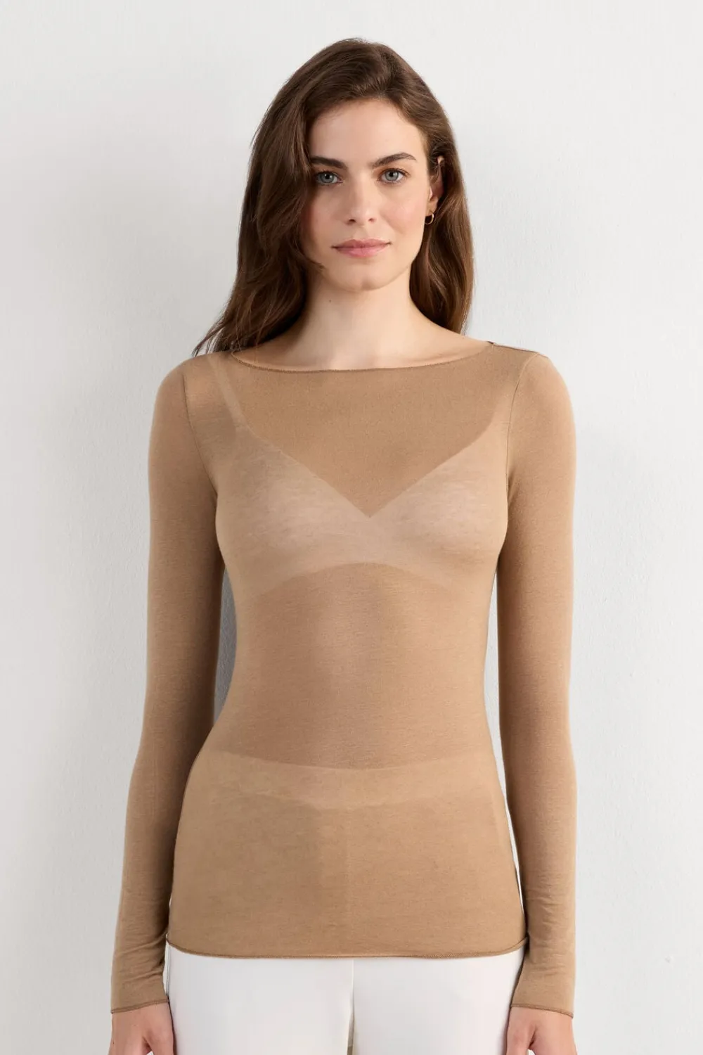 Bluzki Z Długim Rękawem|Ultralight Z Kaszmirem>Intimissimi Bluzka z Modalu z Dekoltem w Łódkę brązowy - 233i - toffee