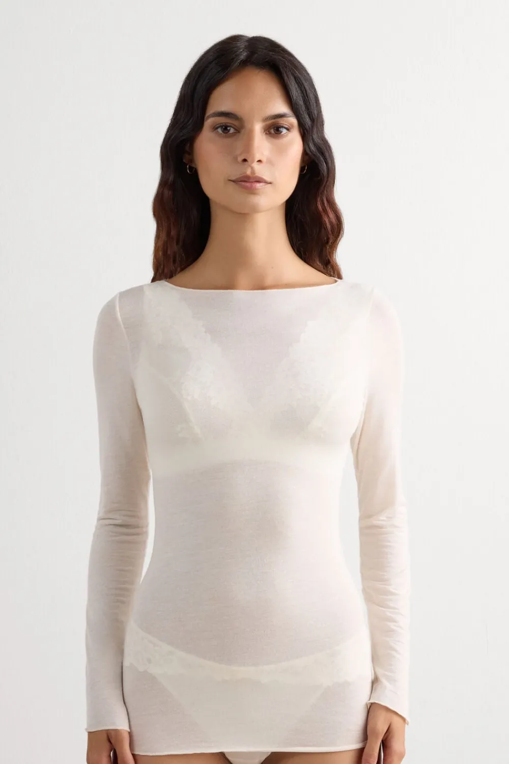 Bluzki Z Długim Rękawem|Ultralight Z Kaszmirem>Intimissimi Bluzka z Modalu z Dekoltem w Łódkę kremowy - 231i - vaniglia