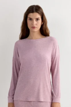 Piżamy Długie|Modal>Intimissimi Bluzka z Modalu z Długim Rękawem i Dekoltem w Łódkę Chic Comfort ciemnoróżowy - 859j - rosa scuro melange