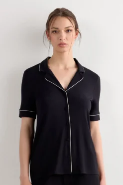 Piżamy Krótkie|Modal>Intimissimi Bluzka z Modalu z Krótkimi Rękawami Rozpinana z Przodu czarny - 019 - czarny