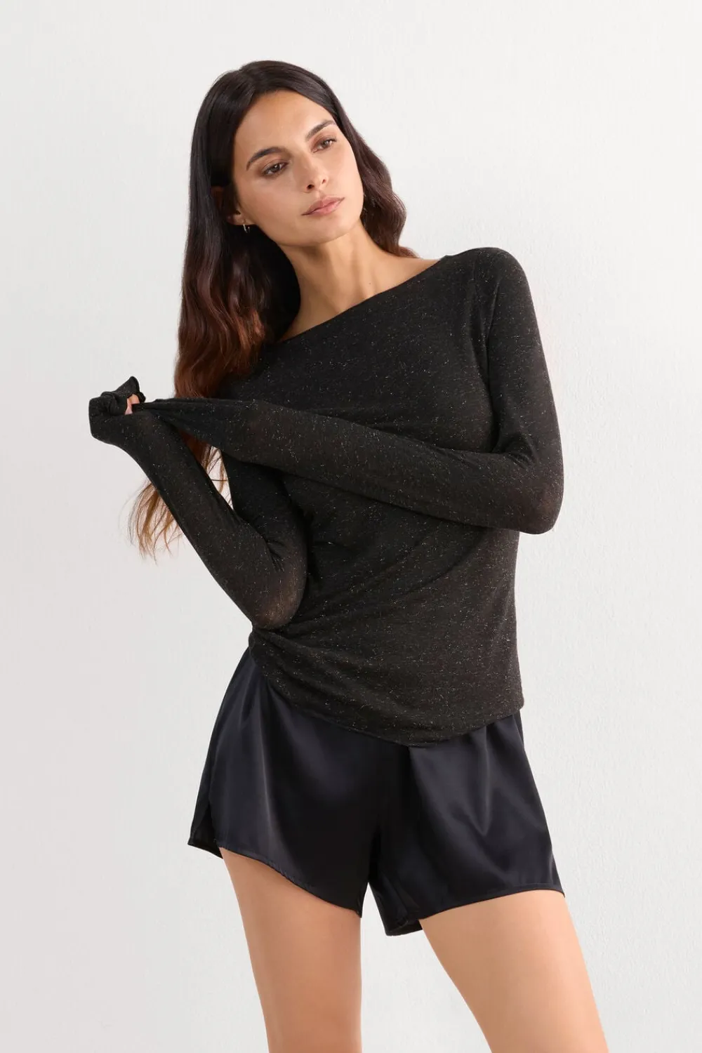 Bluzki Z Długim Rękawem|Ultralight Z Kaszmirem>Intimissimi Bluzka z Okrągłym Dekoltem z Lekkiego Modalu z Dodatkiem Kaszmiru Lamé czarny - 5079 - nero lame'