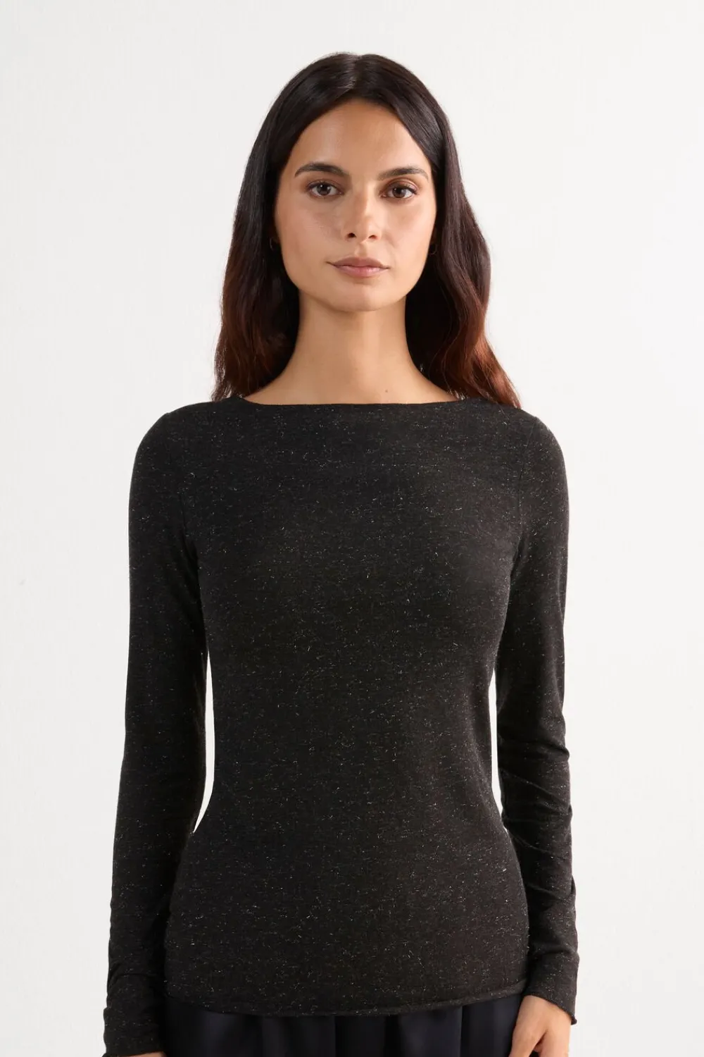 Bluzki Z Długim Rękawem|Ultralight Z Kaszmirem>Intimissimi Bluzka z Okrągłym Dekoltem z Lekkiego Modalu z Dodatkiem Kaszmiru Lamé czarny - 5079 - nero lame'