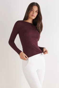 Bluzki Z Długim Rękawem|Ultralight Z Kaszmirem>Intimissimi Bluzka z Okrągłym Dekoltem z Lekkiego Modalu z Dodatkiem Kaszmiru Lamé burgundia - 032k - dark burgundy lame'
