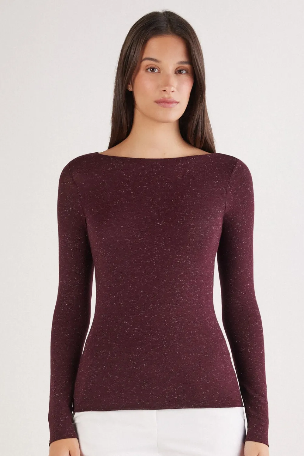 Bluzki Z Długim Rękawem|Ultralight Z Kaszmirem>Intimissimi Bluzka z Okrągłym Dekoltem z Lekkiego Modalu z Dodatkiem Kaszmiru Lamé burgundia - 032k - dark burgundy lame'