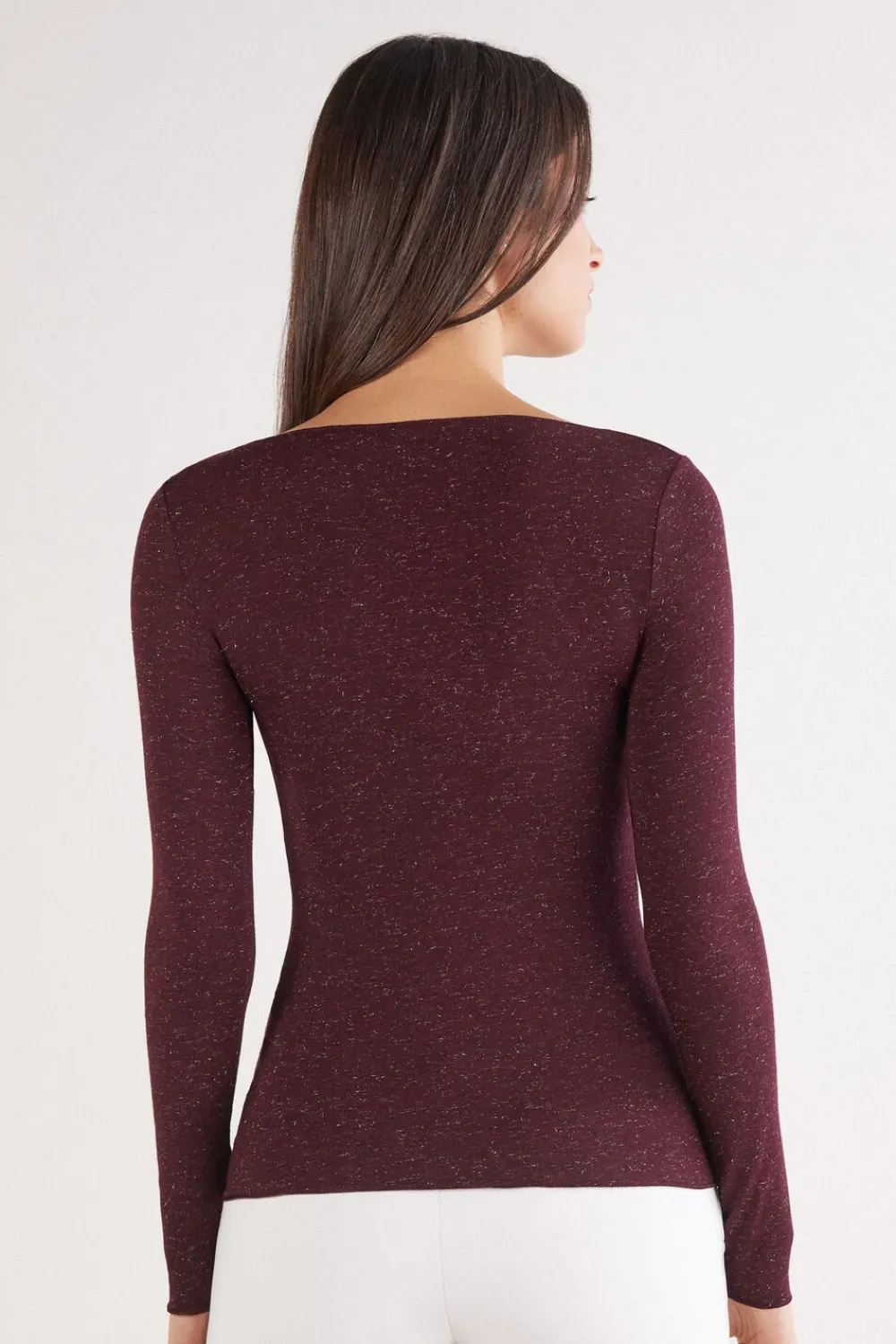 Bluzki Z Długim Rękawem|Ultralight Z Kaszmirem>Intimissimi Bluzka z Okrągłym Dekoltem z Lekkiego Modalu z Dodatkiem Kaszmiru Lamé burgundia - 032k - dark burgundy lame'