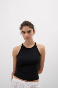 Topy|Bawełna>Intimissimi Crop Top w Prążki z Bawełny Superior czarny - 019 - czarny