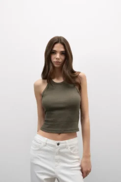 Topy|Bawełna>Intimissimi Crop Top w Prążki z Bawełny Superior - 660j - safari green