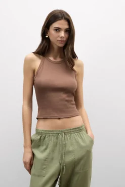 Topy|Bawełna>Intimissimi Crop Top w Prążki z Bawełny Superior naturalny - 502i - caramel