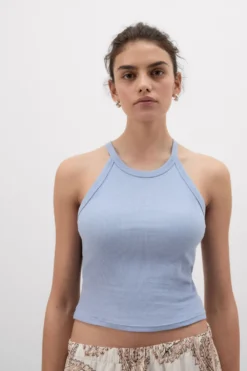 Topy|Bawełna>Intimissimi Crop Top w Prążki z Bawełny Superior jasnoniebieski - 064k - breeze blue