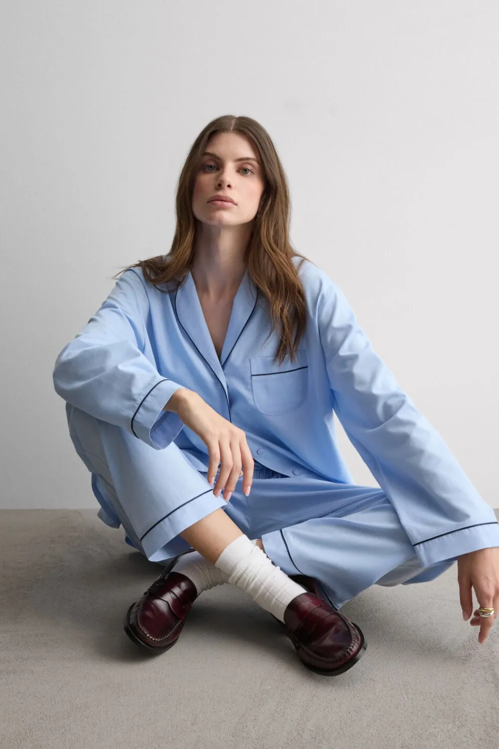 Odzież Domowa|Piżamy Długie>Intimissimi Długa Piżama z Bawełny i Modalu Chambray NI niebieski - 067k - chambray blue