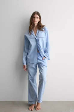 Odzież Domowa|Piżamy Długie>Intimissimi Długa Piżama z Bawełny i Modalu Chambray NI niebieski - 067k - chambray blue