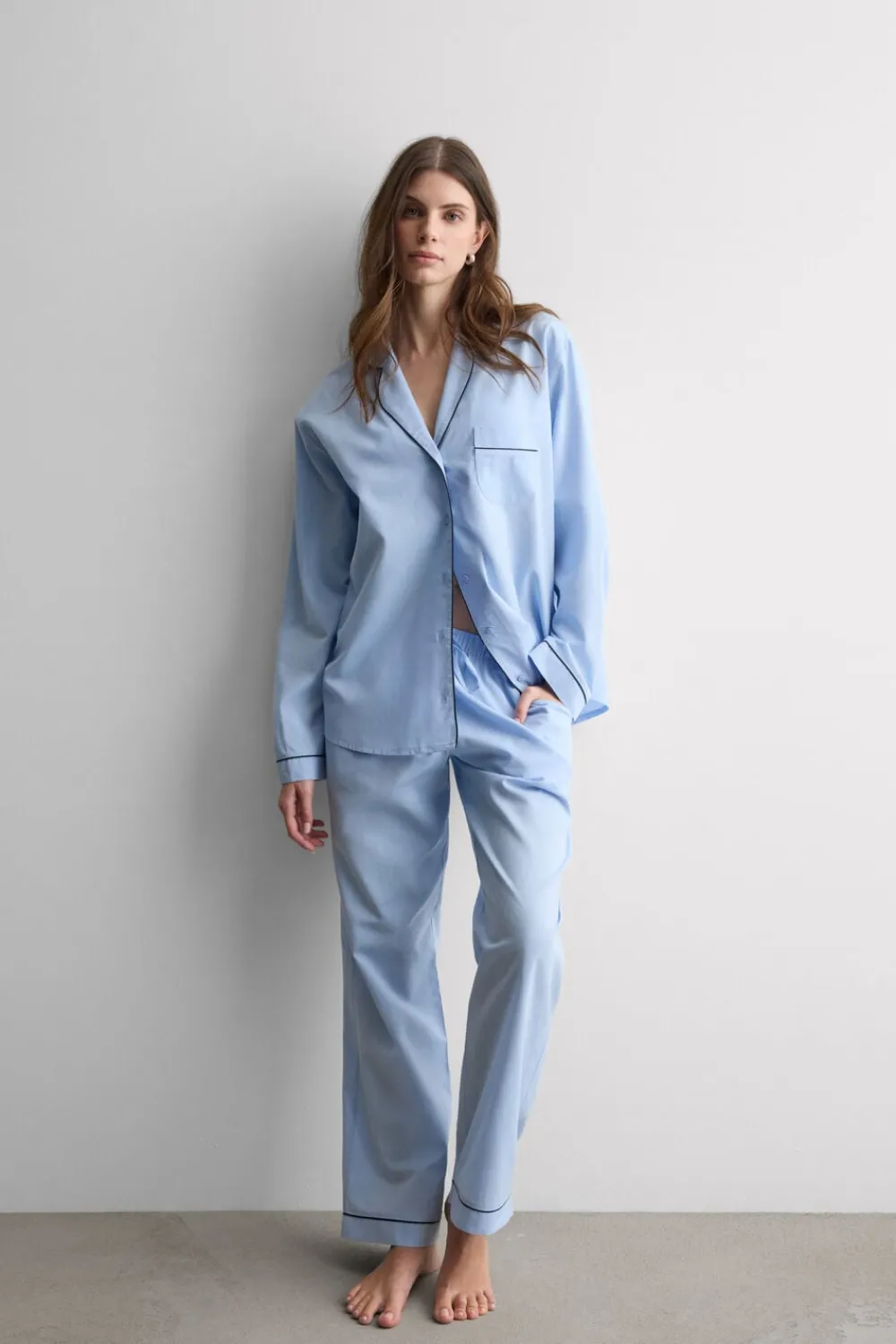 Odzież Domowa|Piżamy Długie>Intimissimi Długa Piżama z Bawełny i Modalu Chambray NI niebieski - 067k - chambray blue