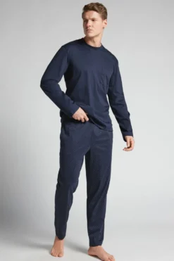 Piżamy Długie|Merceryzowana Bawełna Filo Premium>Intimissimi Długa Piżama z Merceryzowanej Bawełny filo Premium z Nadrukiem w Groszki niebieski - 490j - blu navy